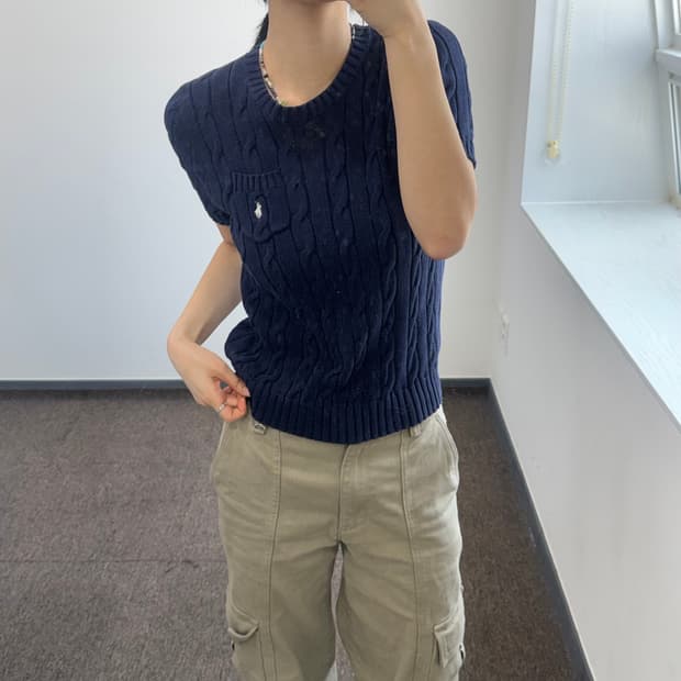 Polo 폴로 화이트 포니 포켓 케이블 반팔 니트