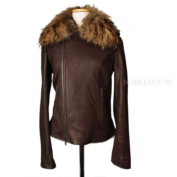 띠어리 브라운 라쿤 퍼 트리밍 램스킨 자켓 S