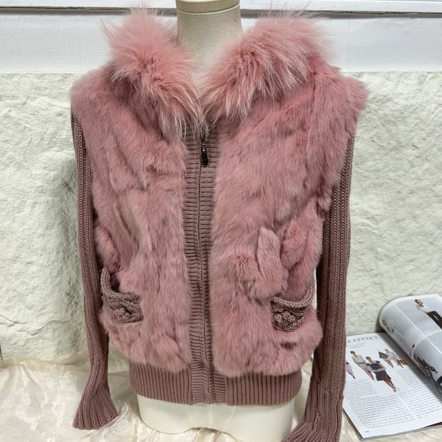 빈티지 연한 핑크 폭스퍼 후드 토끼털 니트자켓  후드집업