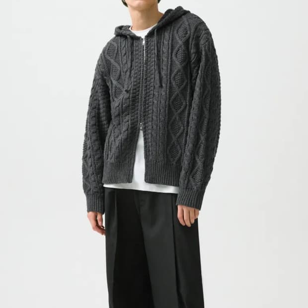 케이블 니트 후드 집업