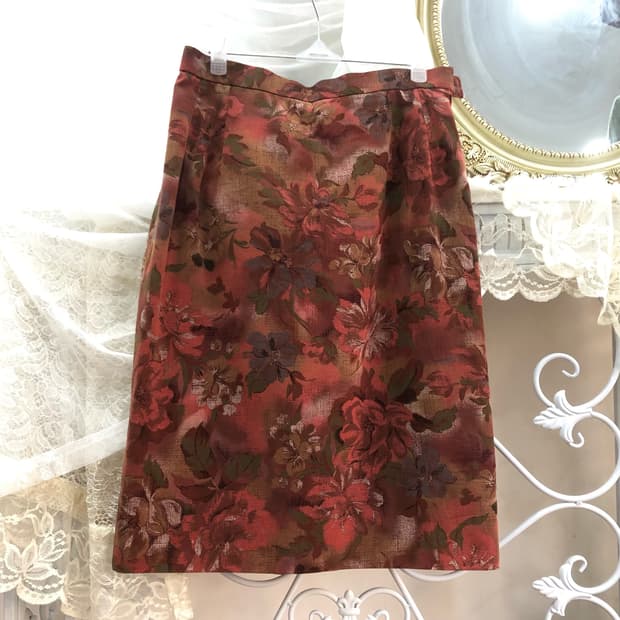 red oriental floral pattern midi skirt
