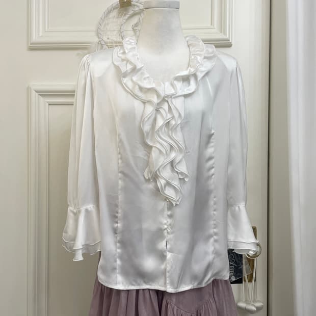 white ruffle point satin blouse
