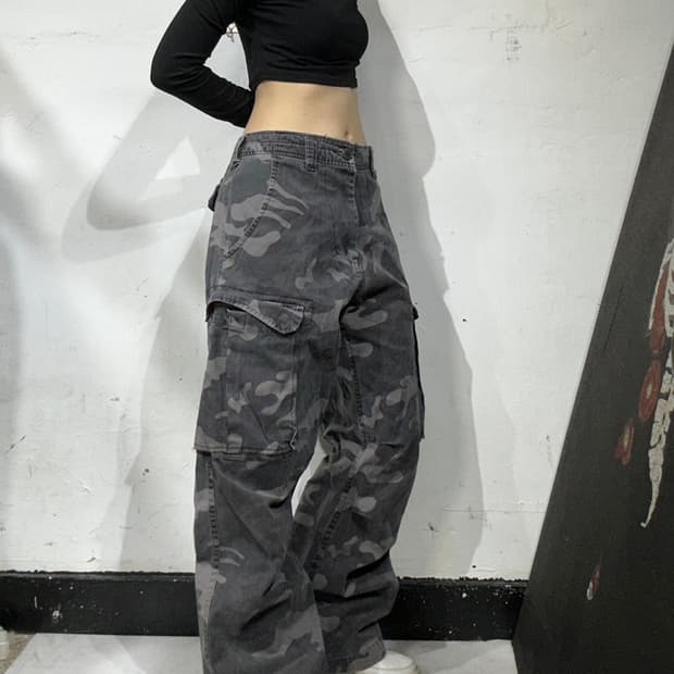 빈티지 그레이 밀리터리 카모 와이드 카고 팬츠 L