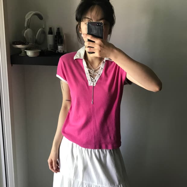 아베크롬비 핑크 카라 반팔티