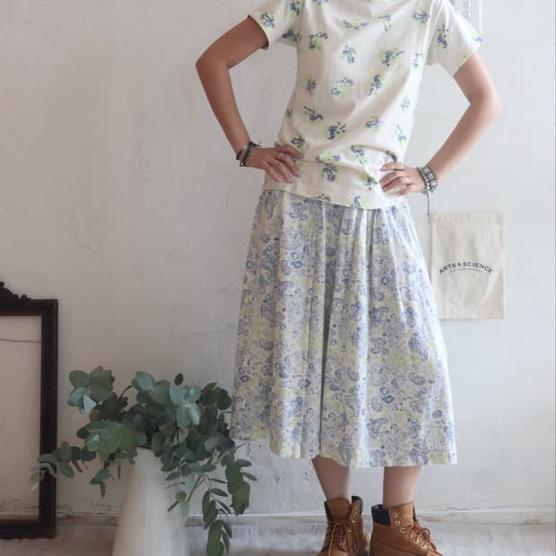 [45rpm] Blue & Lime Floral Cotton Skirt