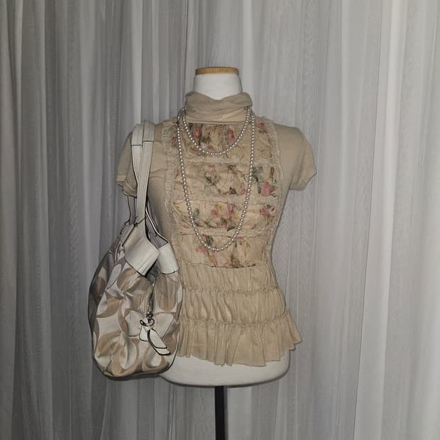 빈티지 오네갸루🌹 누디 로지 플라워 레이스 블라우스