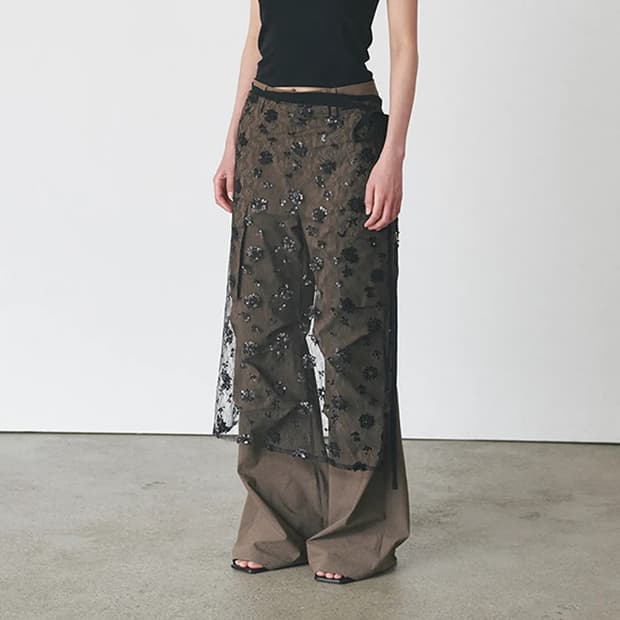 오데스 Sequin Layered Skirt Black
