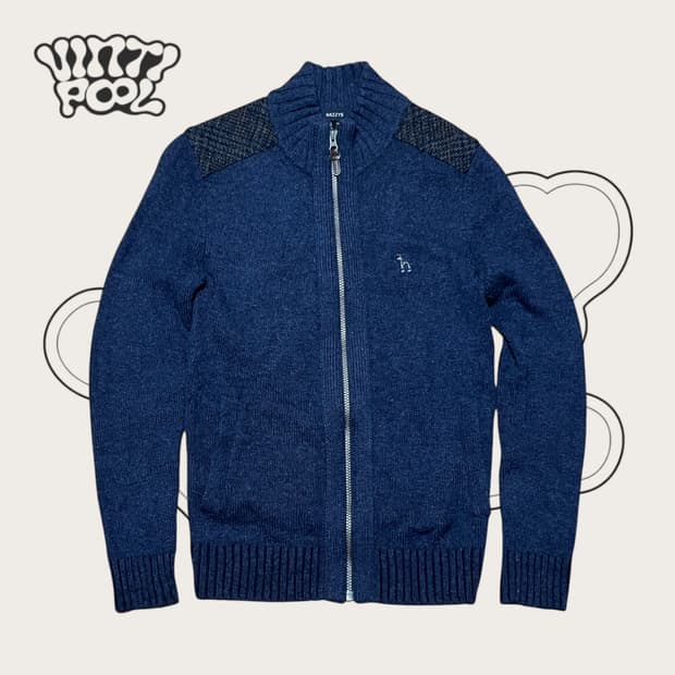 헤지스 Wool 100% 스몰로고 패치 니트집업 95 네이비