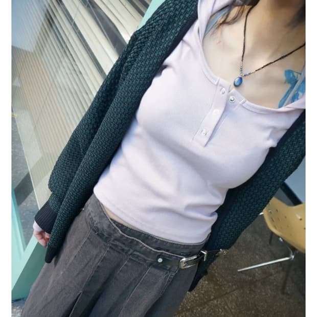 모래하우스 ribbed snap 티 핑크