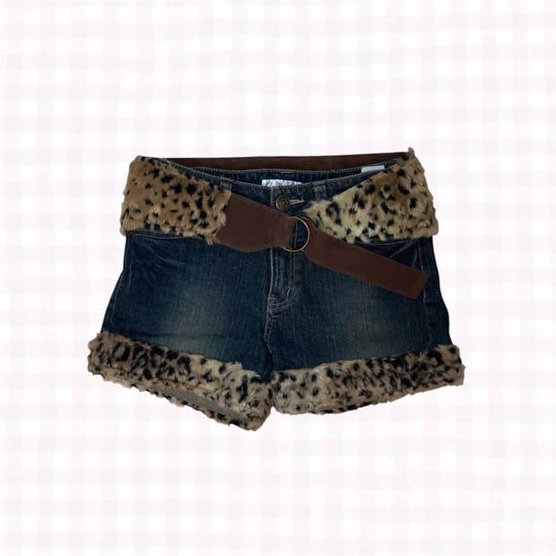 갸루 오네갸루 레오파드 퍼 트리밍 숏팬츠 & 벨트 set