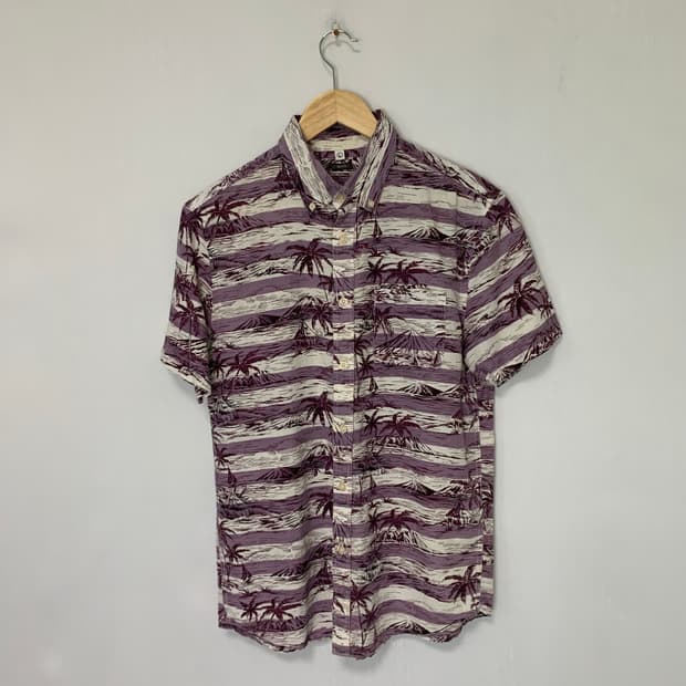 하와이안 알로하 반팔 셔츠 야자수 패턴 보라색 퍼플 남성 슬림 L