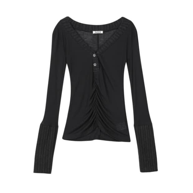 비데블 시보리 배색 니트 티 블랙 (카리나 착용)