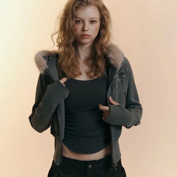 플리즈노팔로우 Becky Fur Hoodie Jacket 차콜