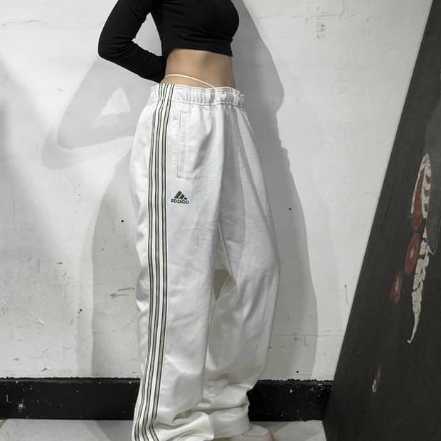 아디다스 대대장 화이트 그린 삼선 와이드 추리닝 바지 트레이닝 팬츠 L