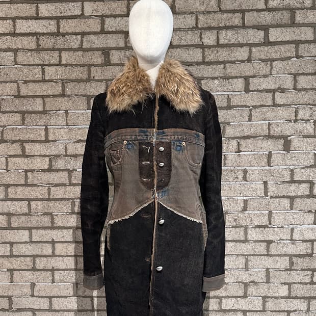 Only One 데님 패치워크 리워크 빈티지 무스탕 코트