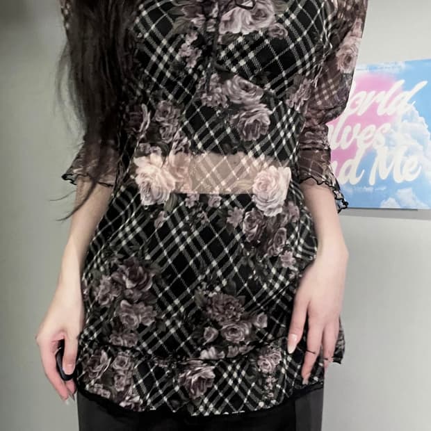 블랙 엔틱 고딕 로즈 장미 프릴 레이스 셔링 쉬폰 레이어드 블라우스