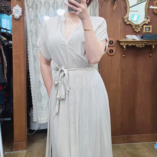 M) H&M 롱원피스 베이지 셔링 허리끈 여리핏