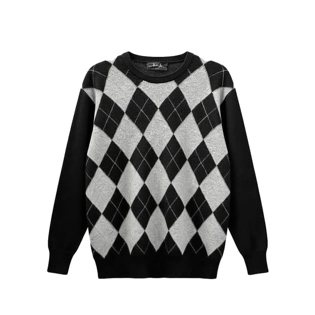 JPN VINTAGE 아가일 패턴 니트 소매배색 디테일 블랙