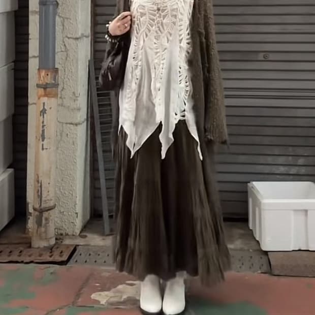 그런지 페어리 카키 롱 스커트