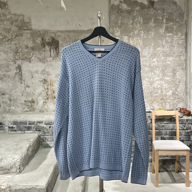 에르메네질도 제냐 스카이 블루 스트레치 도트 V넥 니트