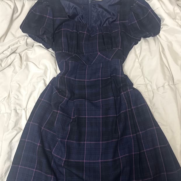 빈티지 체크 퍼프 원피스 네이비