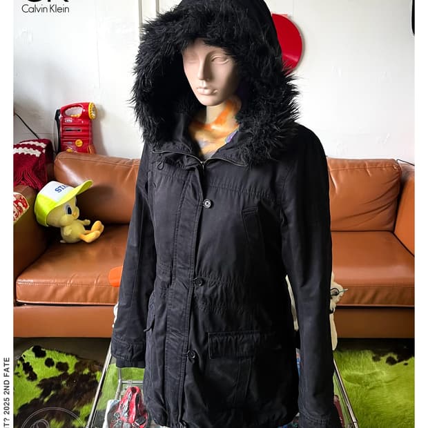 2000s C.K Jeans Black Fur Hood Parka