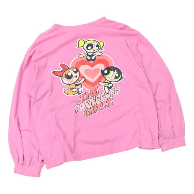파워퍼프걸 빈티지 하트 그래픽 핑크 롱슬리브 티셔츠