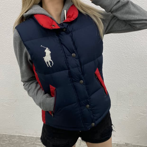 폴로 랄프로렌 빅포니 레드배색 네이비 패딩 조끼 M