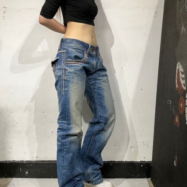 로리타 진스 y2k 연청 와이드 워싱 자수 데님 팬츠 힙합 새깅 청바지 
