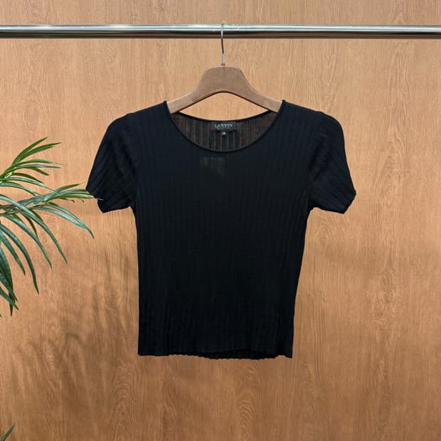 랑방 컬렉션 리브 니트 반팔 티셔츠 시어 미니멀 슬림핏 블랙