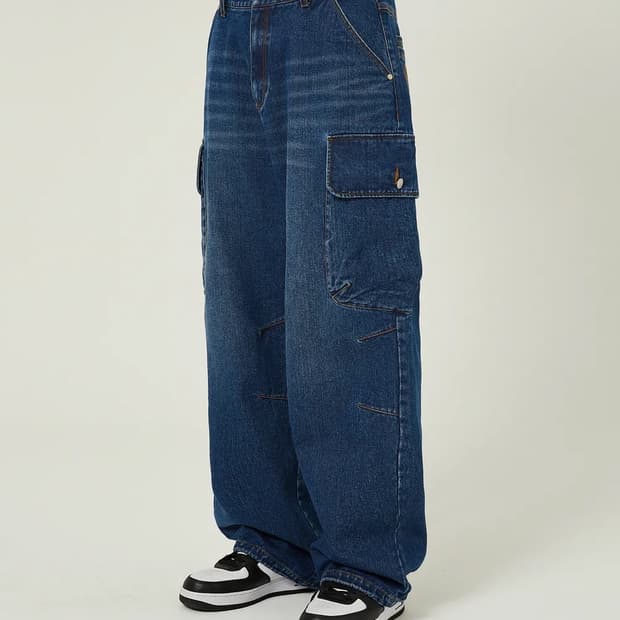 와이케이 파라슈트 카고 워시드 데님 팬츠 미디엄블루