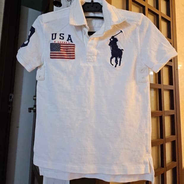 정품 폴로랄프로렌 성조기 빅포니 화이트 카라 반팔티 S