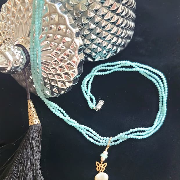 아마조나이트 & 바로크 진주 3줄 레이어드 네클리스 (18K 세공)