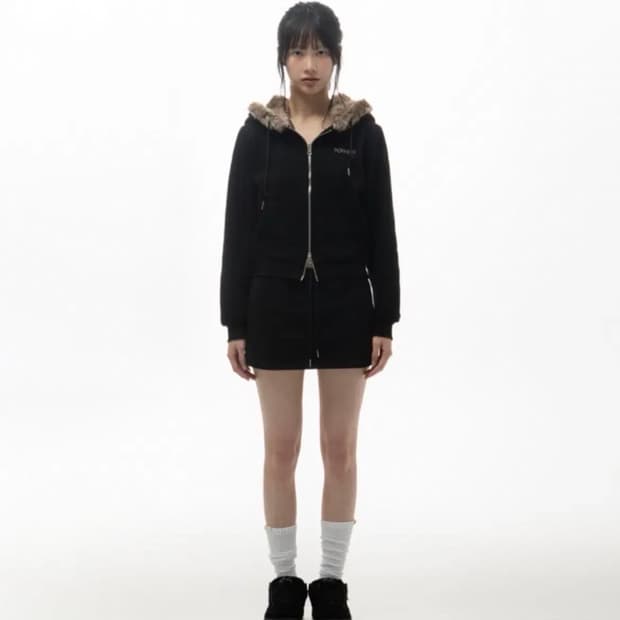 퍼 후드 스커트 셋업 블랙