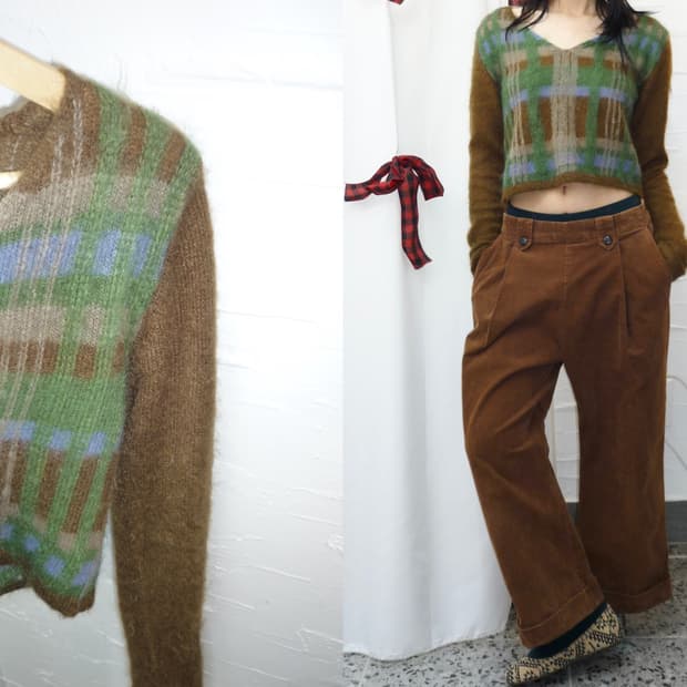 vintage green check knit