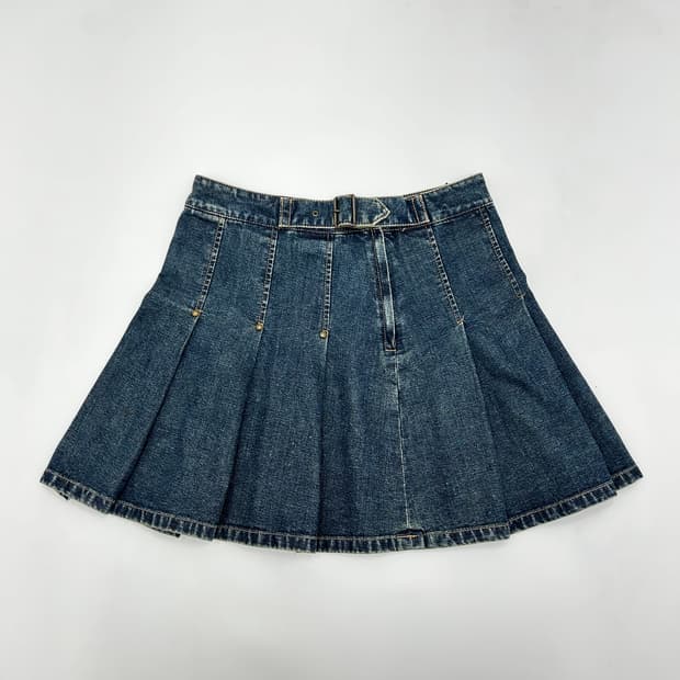 버클 벨트 데님 플리츠 미니스커트