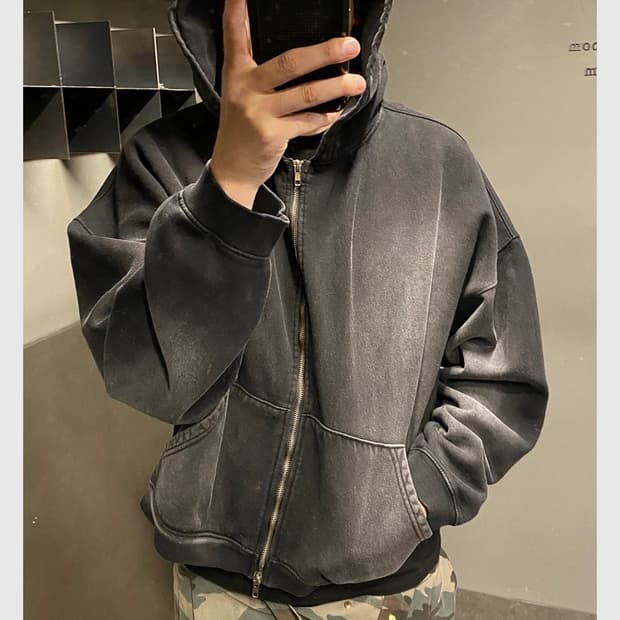 언더마이카 mu.69 Anti Fxxking logo 워싱 크롭 후드집업