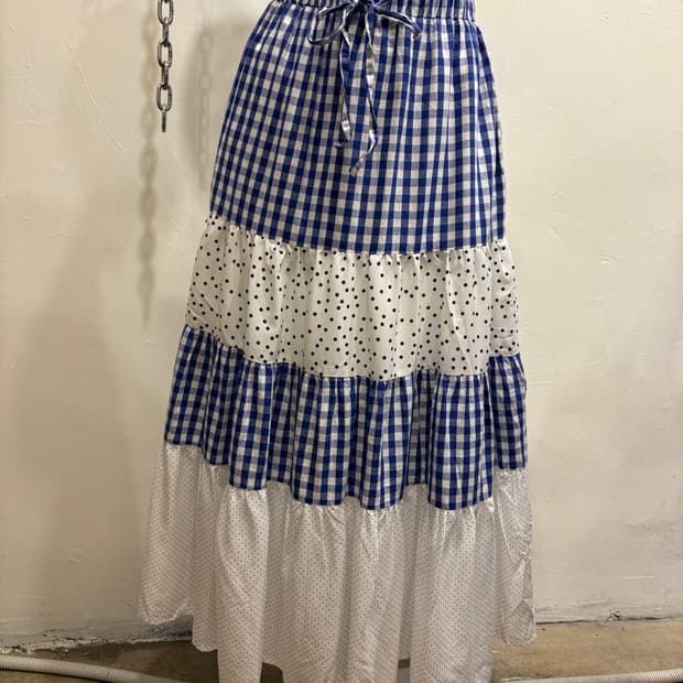 블루 체크 도트 패치워크 롱스커트 모리