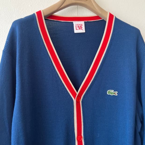 라코스테 남성 블루네이비 브이넥가디건 배색울가디건