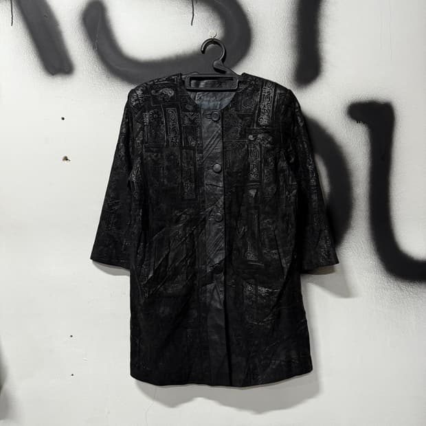 VTG 빈티지 100% 쉽스킨 오픈 카라 에스닉 패턴 양가죽 코트