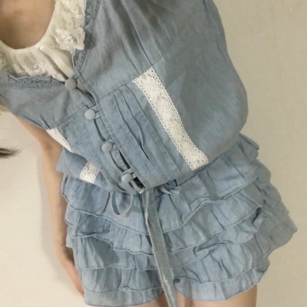 휘귀) 데님 점프수트 캉캉 프릴 레이어드 반팔 로걀탑 갸루 발레코어