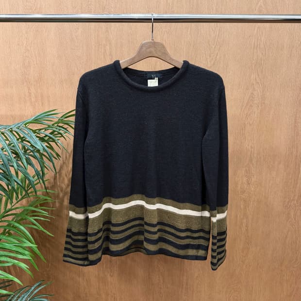 요지 야마모토 울 니트 긴팔 니트 하프 배색 스트라이프 디테일 블랙