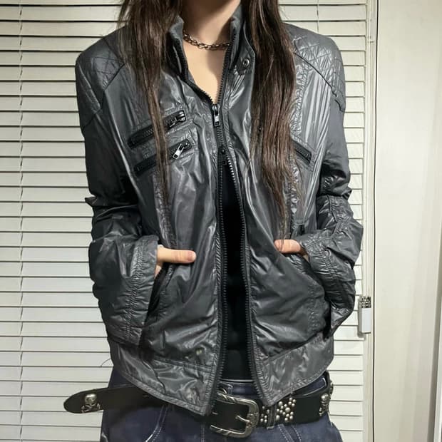 차콜 퀼팅 바이커 자켓