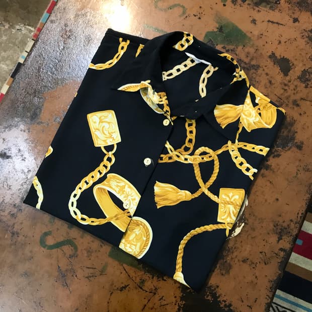VTG 빈티지 체인 패턴 블랙 블라우스 셔츠 여성 프리사이즈