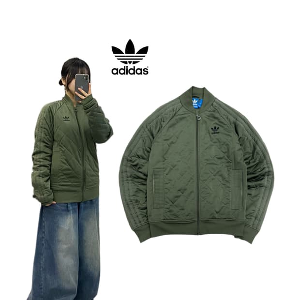 아디다스 카키 삼선 파이어버드 퀼팅 집업 자켓