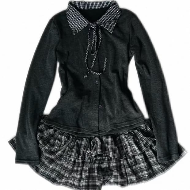 체크 카하 리본 탑 블라우스