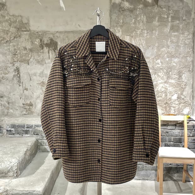 산드로 비즈 체스트 포켓 체크 셔츠 자켓