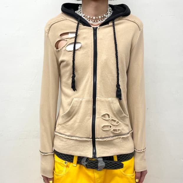 Distressed Rope Brown Hooded Zip-Up 