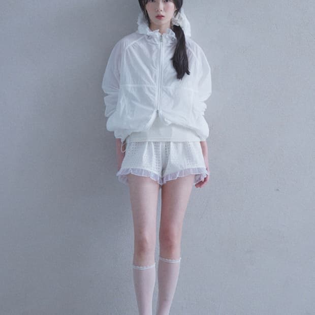 라퍼지 포 우먼 시어 프릴 후디드 윈드브레이커 쇼츠 셋업