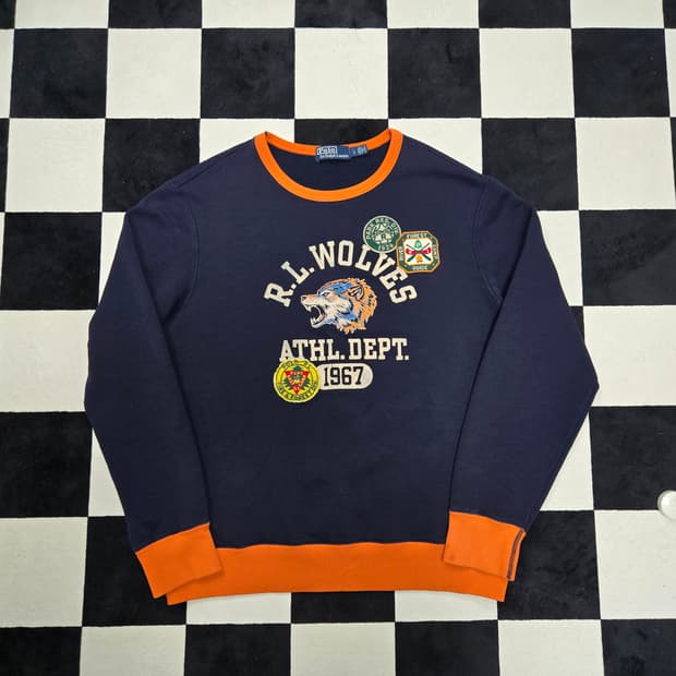 L 폴로랄프로렌 울프 패치 스웻셔츠 맨투맨 네이비 오렌지